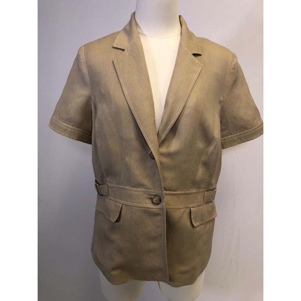 212 Collection Short Sleeve Blazer Size 12 Linen Rayon Spring Jacket Top Khaki